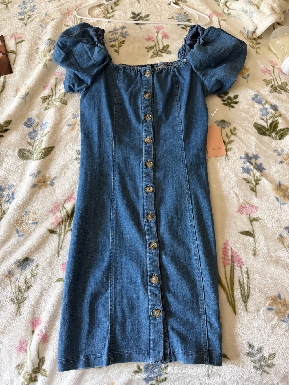 Denim Button-Front Puff Sleeve Dress - Blue - Picture 5 of 5